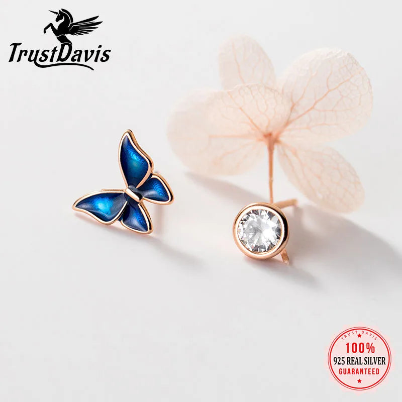 TrustDavis Real 925 Sterling Silver Kids Earring Asymmetric Butterfly CZ Stud Earrings for Daughter Girls Fine Jewelry DG0194