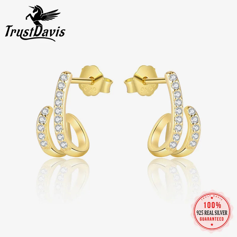 TrustDavis Real 925 Sterling Silver Women's Fashion Stud Earrings Circle Gold Zirconia Earrings for Women Gift Jewelry DS4467
