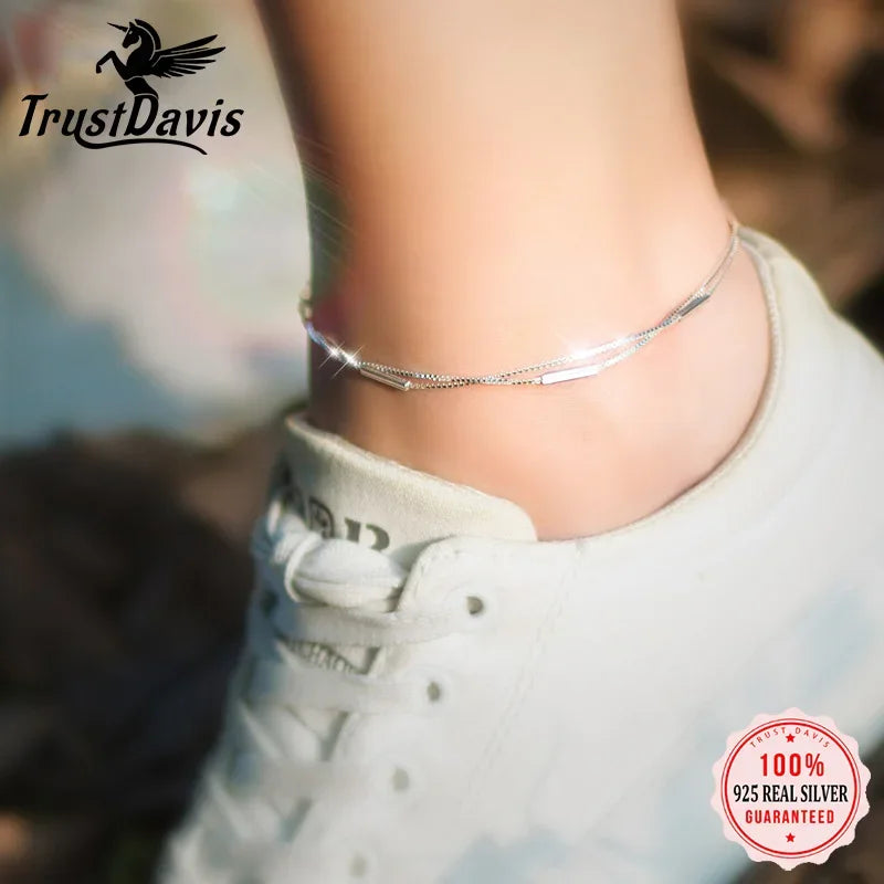 TrustDavis 925 Sterling Silver Fashion Sweet Double Layer Stick Anklets For Women Valentine's Day Birthday Gift Jewelry DS776