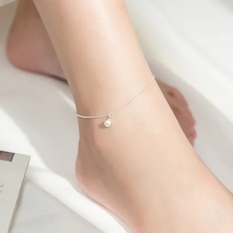 TrustDavis Minimalist 925 Sterling Silver Fashion Synthesis Pearl Beads Chain Anklets For Women Wedding Fine S925 Jewelry DA1825