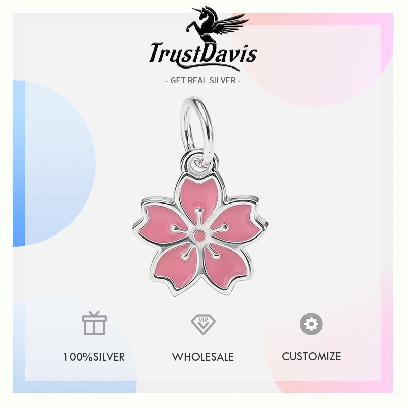 TrustDavis Real 925 Sterling Silver Glue Cherry Blossoms Romantic Flower Charm Pendant Handmade DIY Accessories Wholesale DZ1818