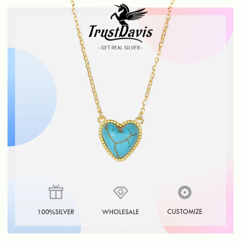 TrustDavis 925 Sterling Silver Women's Fashion Simple Turquoise Heart Pendant Necklace for Women Girls Jewelry Gift DS4427