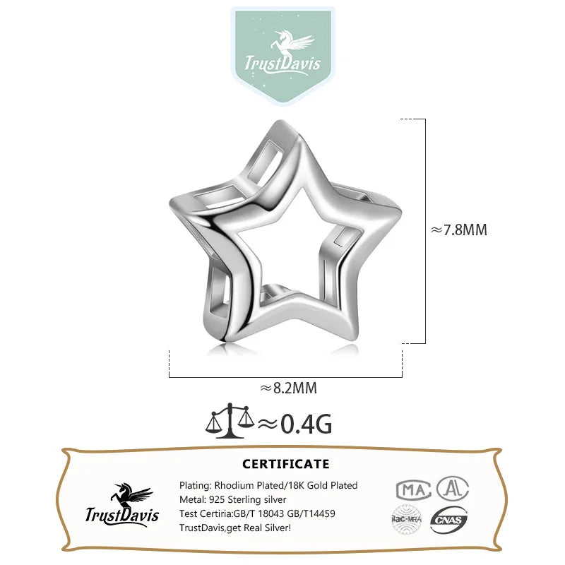 TrustDavis Real 999 Sterling Silver Cute Star Beads DIY Fit Bracelet Necklace Accessories Women Children Jewelry DH0010