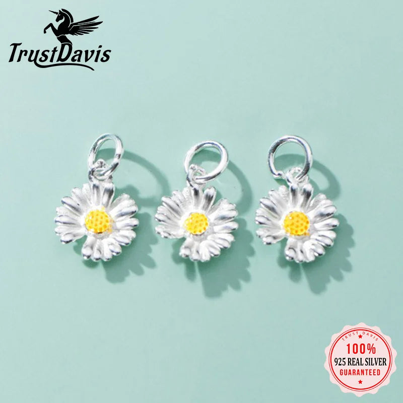 TrustDavis New Real 925 Sterling Silver Fashion Daisy Flower Charm Pendant Handmade DIY Accessories Wholesale DZ1722