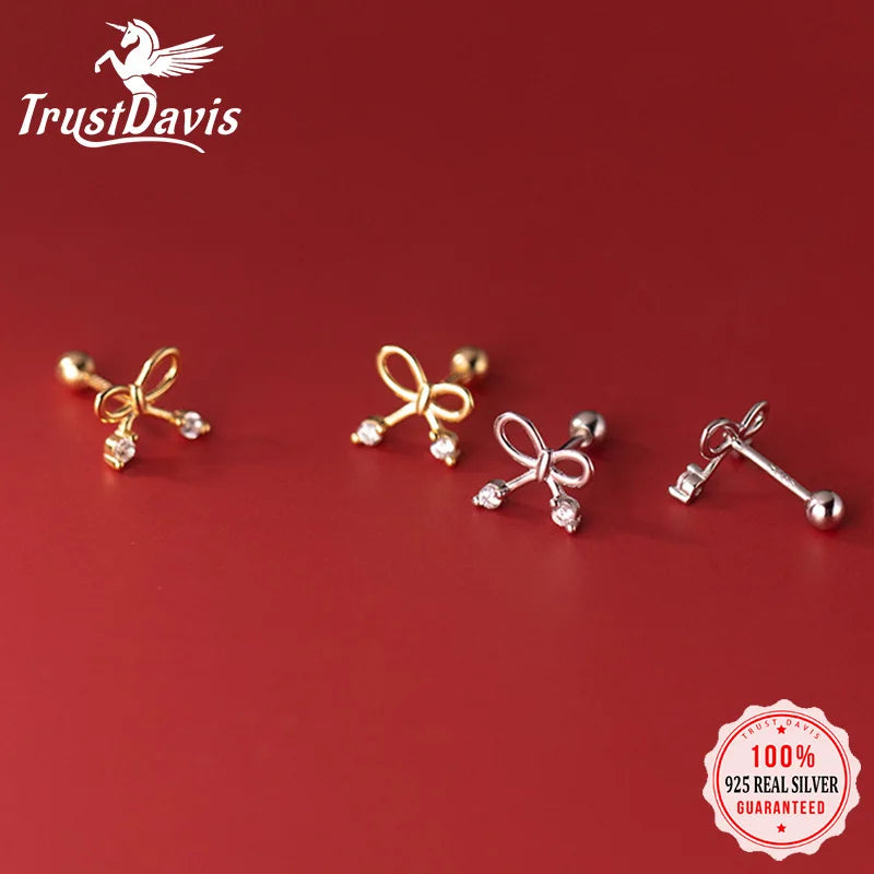 TrustDavis Real 925 Sterling Silver Bowknot Screw Stud Earrings For Women Wedding Valentine's Day Fine Fashion Jewelry DA2765