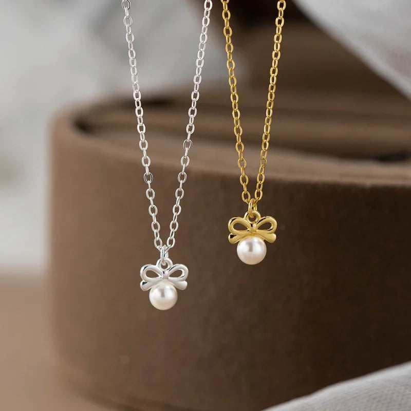 TrustDavis Real 925 Sterling Silver Fashion Personality Pearl Bow Necklace for Women Wedding Party S925 Jewelry DA1630