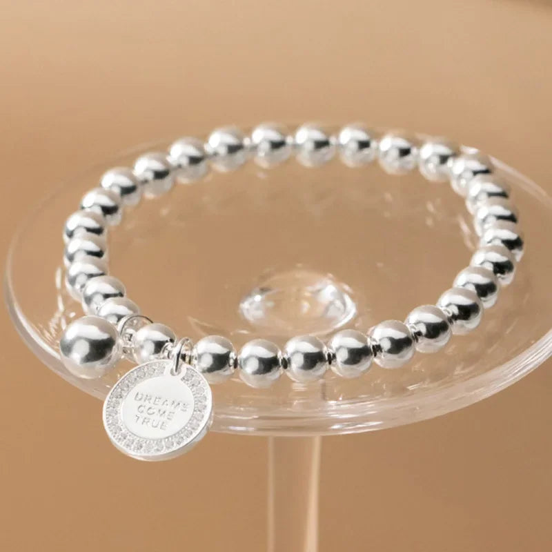 TrustDavis Real 925 Sterling Silver Fashion Sweet 6cm Beads Chain Coin CZ Bracelet Elastic For Women Mother's Day Jewelry DA2057