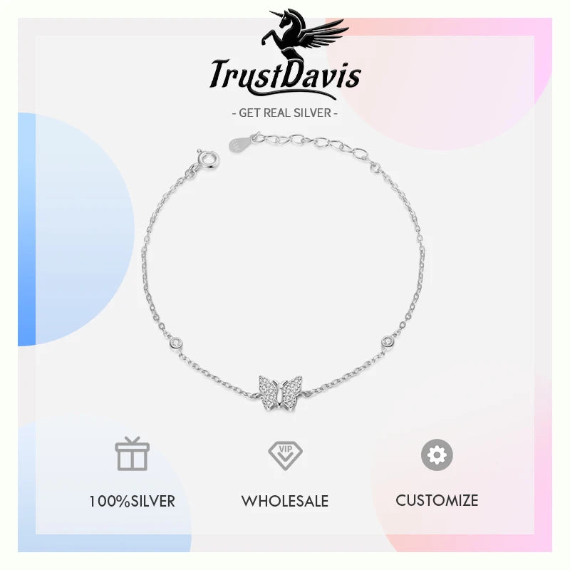 Trustdavis Real 925 Sterling Silver Sweet and Fresh Butterfly Zircon Bracelet Women Girls Birthday Party Gift Jewelry DS4145
