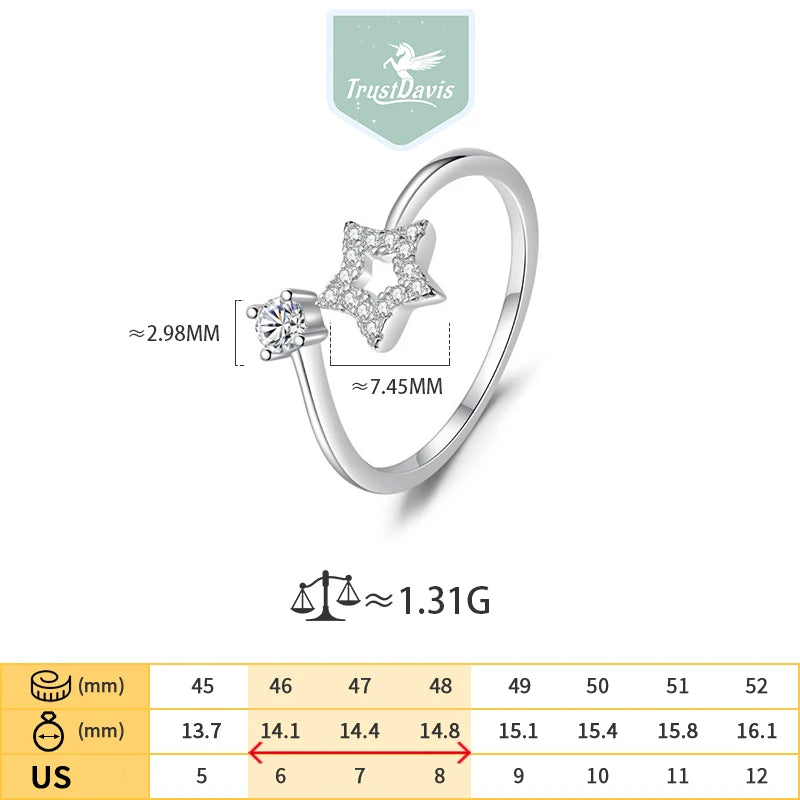 TrustDavis New 925 Sterling Silver Fashionable Star Adjustable Zircon Ring for Women Silver 925 Ring Jewelry DS4763