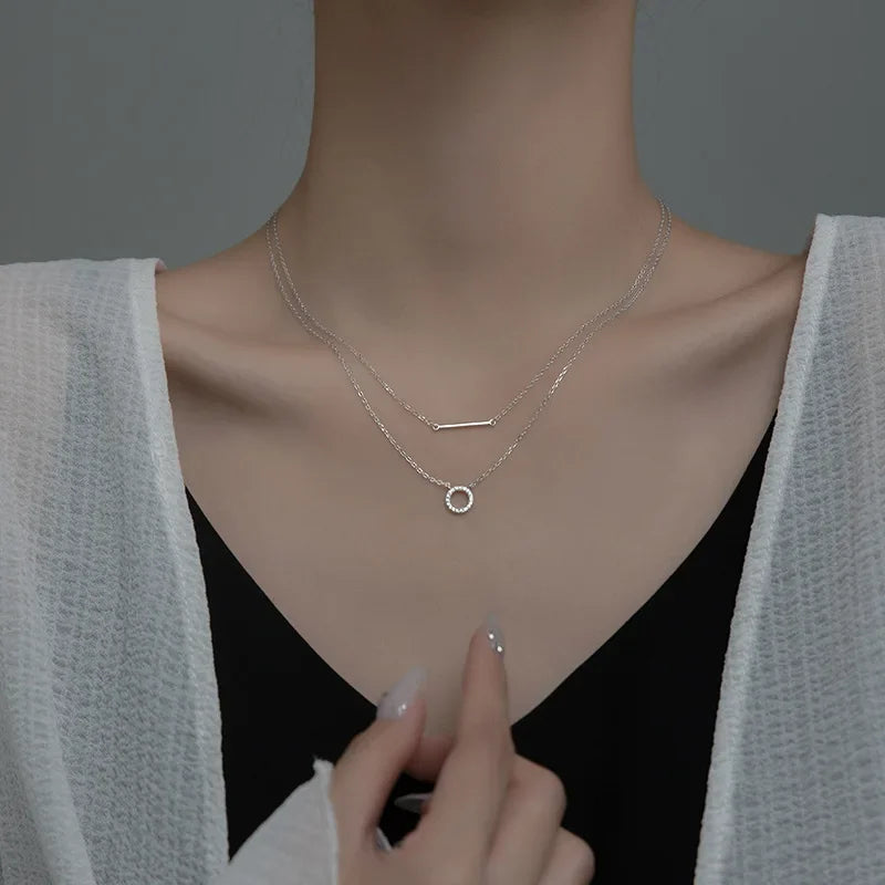 TrustDavis 925 Sterling Silver Elegant Double Layer Round Stick CZ Pendant Necklace Fine Jewelry For Women Wedding Party DB1262