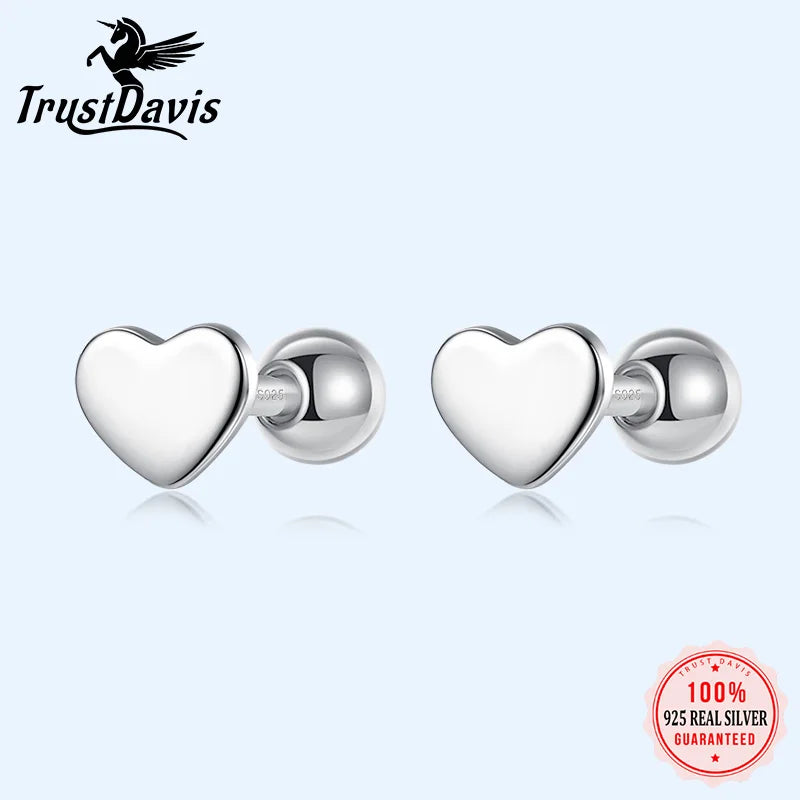 Trustdavis 100% 925 Sterling Silver Heart Screw Stud Earrings For Women Children Baby Girls Kids Mini Minimalist Jewelry DA77