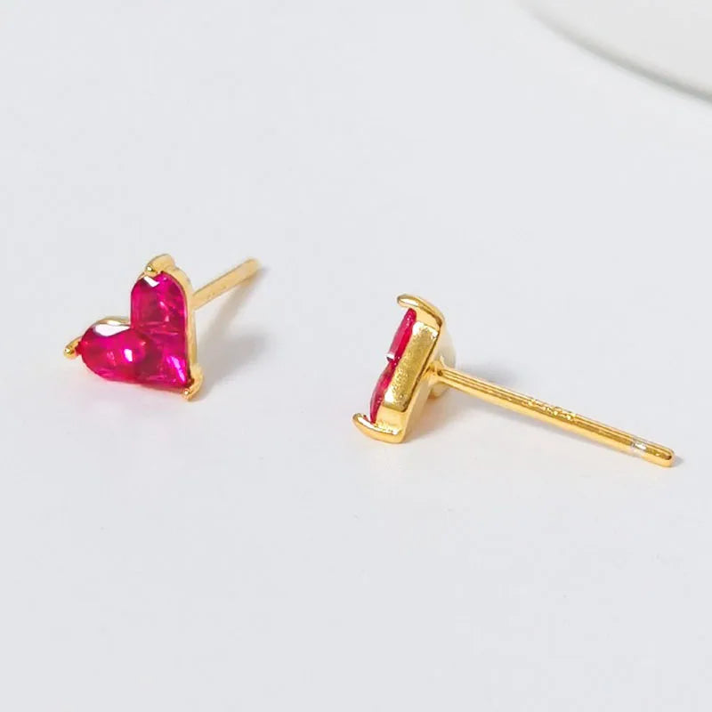 Real 925 Sterling Silver Heart Red Zircon Stud Earrings DS4953