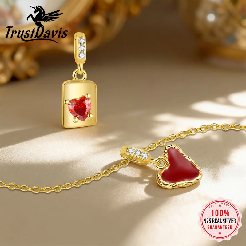 TrustDavis 925 Sterling Silver Red Enamel Heart Pink Zircon Bow Pendant DIY Necklace Bracelet Accessories Fine Jewelry DZ1846