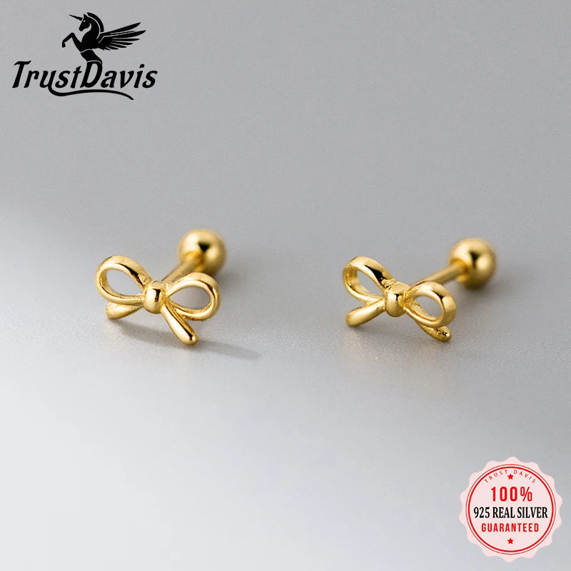 TrustDavis Real 925 Sterling Silver Fashion Sweet  Hollow Bowknot  Threaded  Earrings for Women Minimalist Jewelry DA3237