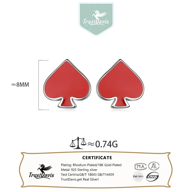 TrustDavis Real 925 Sterling Silver Women's Fashion Simple Black and Red Heart Earrings for Women Girls Jewelry Gifts DS4250