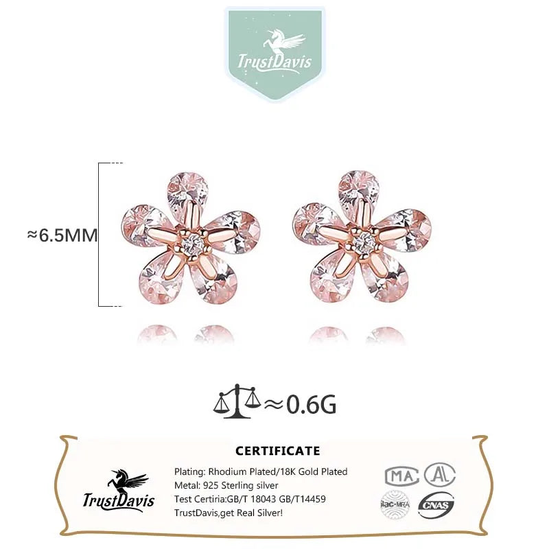 Trustdavis Girls 925 Sterling Silver Fashion Classic Flower CZ Stud Earrings For Women Girls Wedding Party Jewelry DS4178