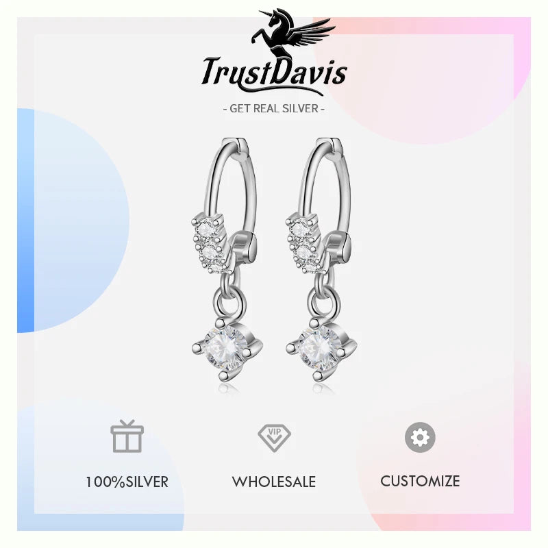 TrustDavis Real 925 Sterling Silver Simple square zircon Hoop Earrings For Daughter Girls Birthday Gift Fine Jewelry DS4128