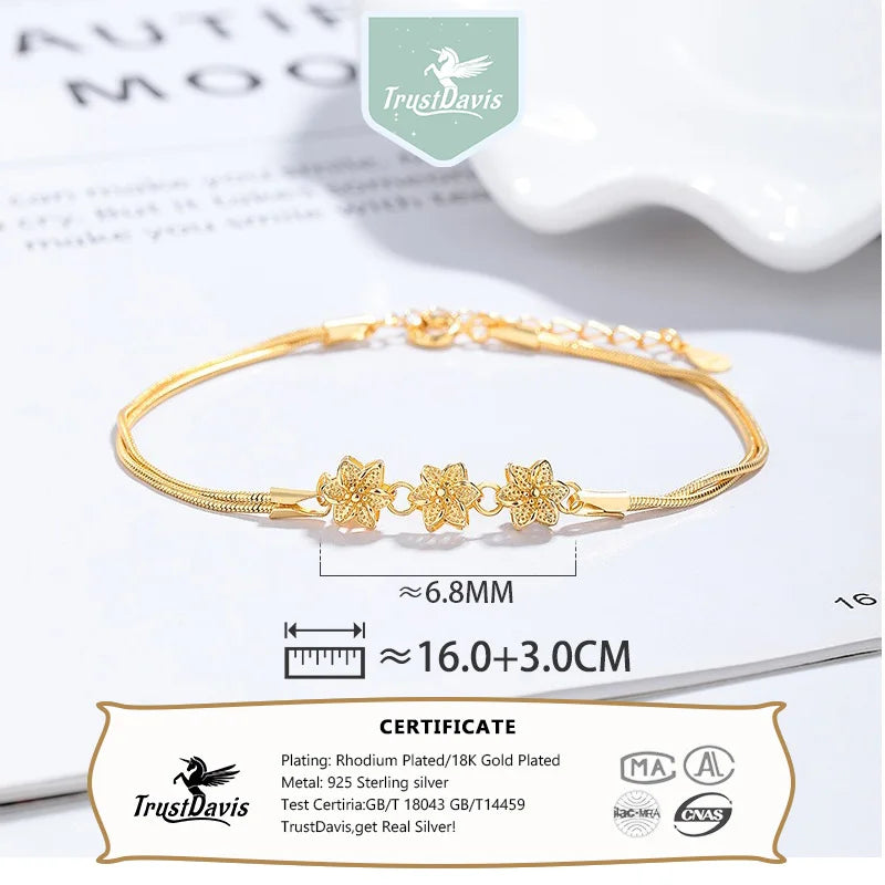 TrustDavis 925 Sterling Silver Women's Fashion Simple Camellia Snake Bone Bracelet for Women Girls Jewelry Gift DS4425