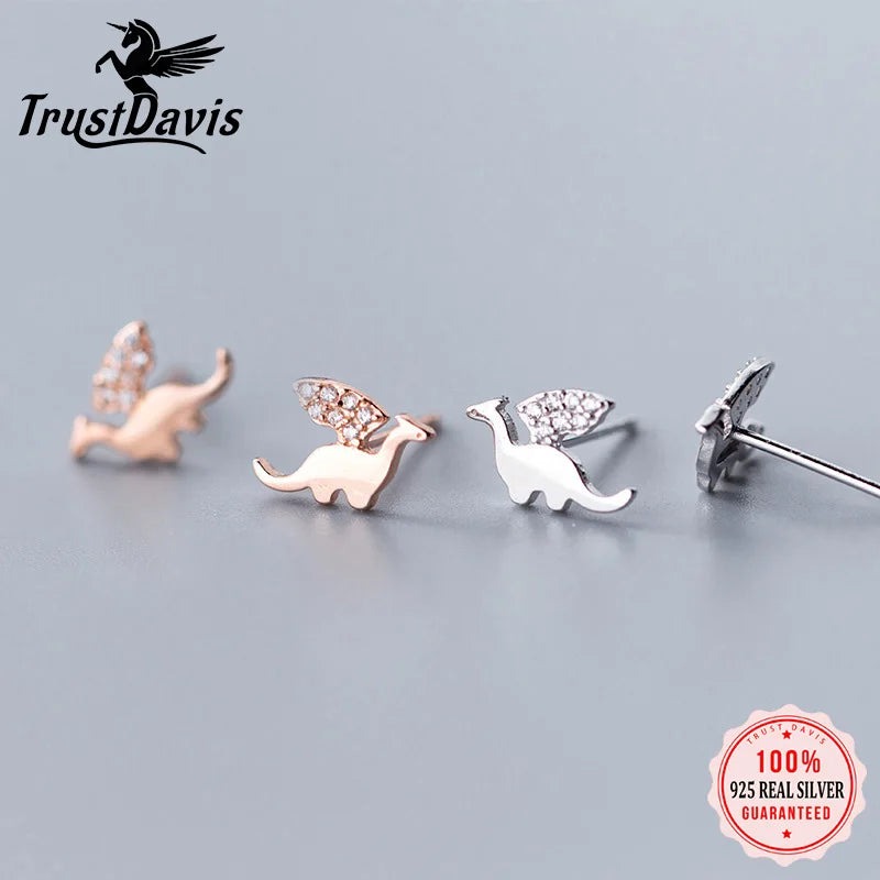 925 Sterling Silver Jewelry Cute Small Dazzling Dinosaur Stud Earrings DT44
