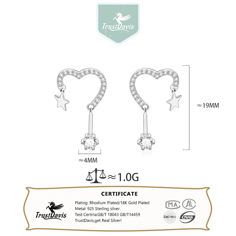 TrustDavis 925 Sterling Silver Women's Fashion Sweet Heart Star Zircon Earrings for Women Girls Jewelry Gift DS4410