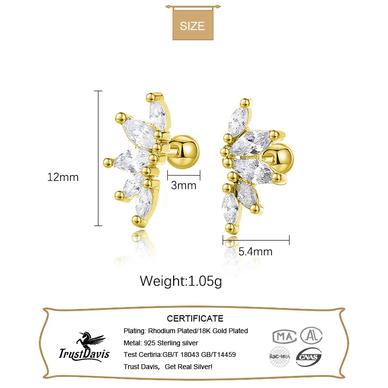 TrustDavis Real 925 Sterling Silver White Zircon Horse Eye Screw Stud Earrings For Women Wedding Trendy Fine Jewelry DG0031
