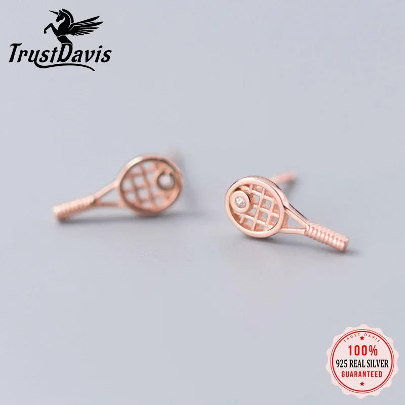 TrustDavis 925 Sterling Silver Women's Fashion Small Tennis Racket Stud Earrings Gift For Girls Teens  Earring Jewelry DS1283