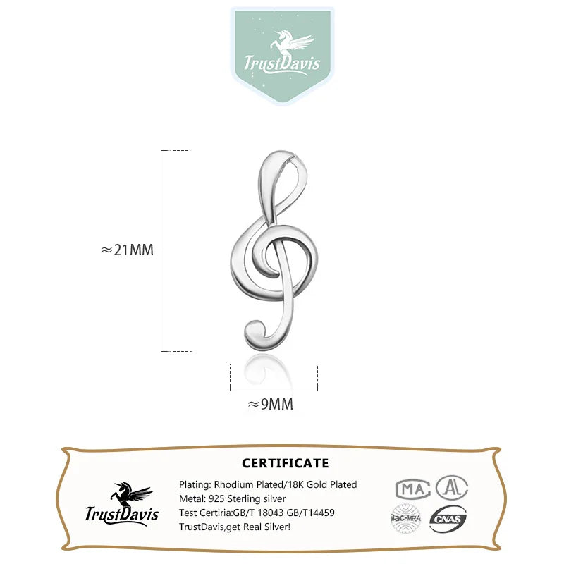 TrustDavis Real 925 Sterling Silver Fashion Minimalist Music Notation Charm Pendant Handmade DIY Accessories Wholesale DZ1697