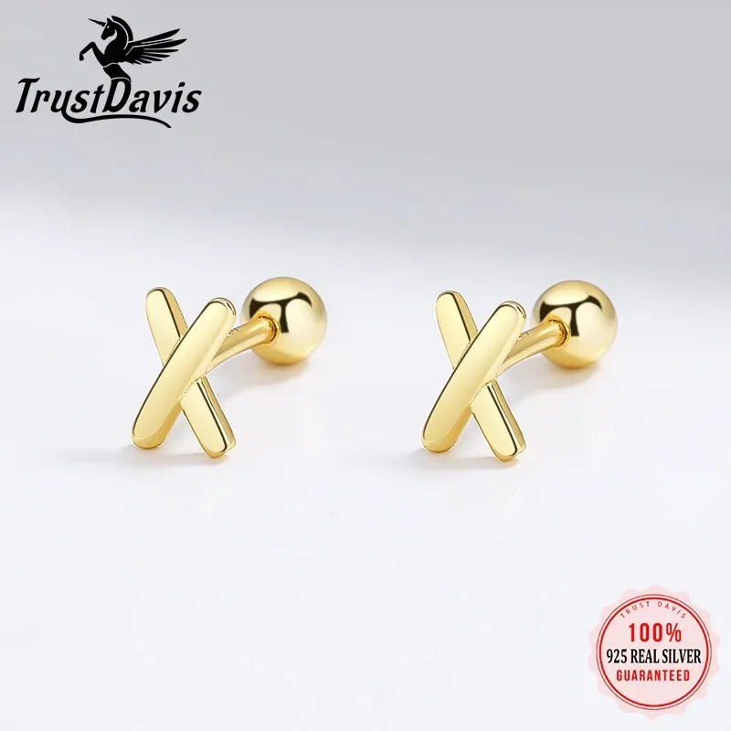 TrustDavis Authentic 925 Sterling Silver Geometric Cross Stud Earrings for Women Girls Kids Birthday Gift Jewelry DS3906