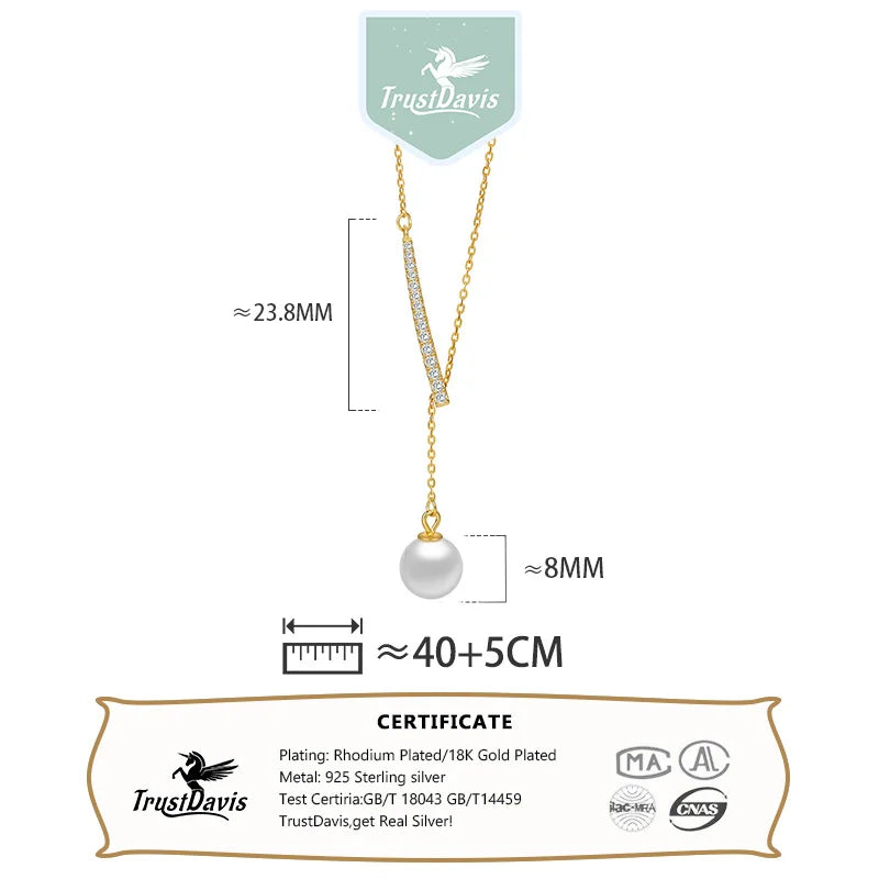 TrustDavis 925 Sterling Silver Women's Fashion and Simple Y-Shaped Pearl Adjustable Necklace for Women Girls Jewelry Gift DS4265