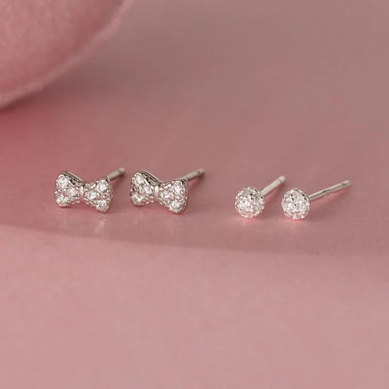 Round and Bow Zircon Stud Earrings DS4914