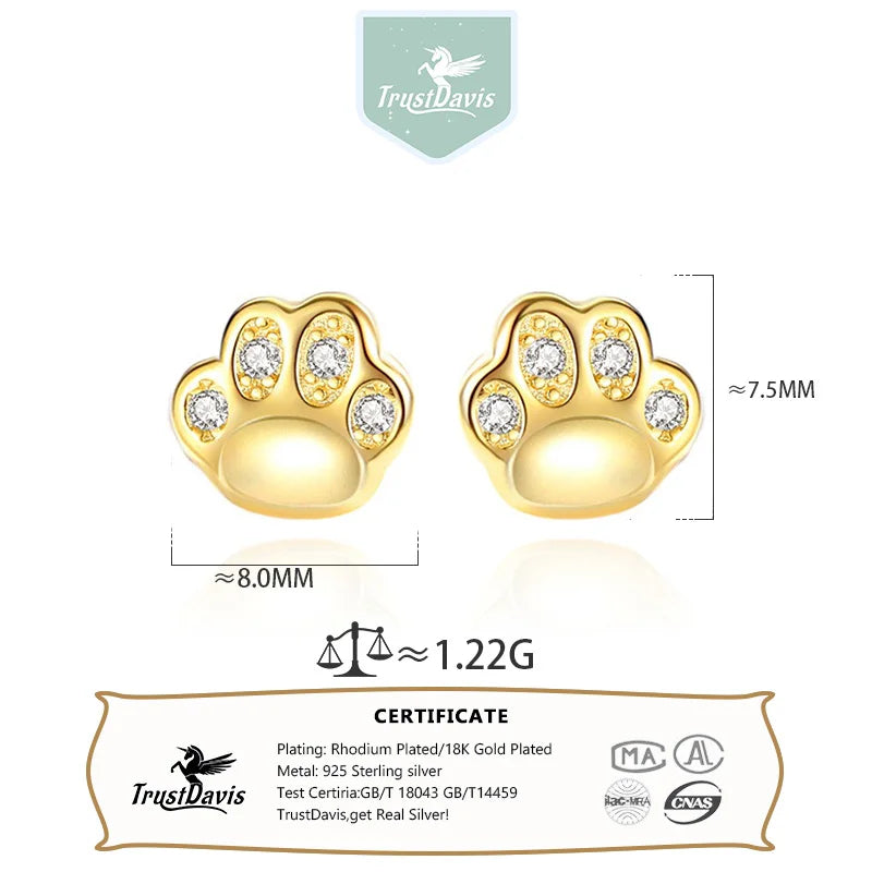 TrustDavis 925 Sterling Silver Women's  Fashion Sweet Animal Cat Paw Earrings for Women Girls Jewelry Gift DS4438