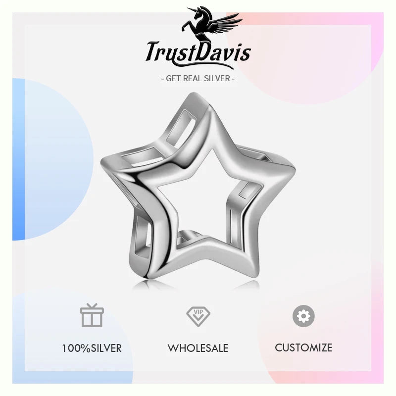 TrustDavis Real 999 Sterling Silver Cute Star Beads DIY Fit Bracelet Necklace Accessories Women Children Jewelry DH0010