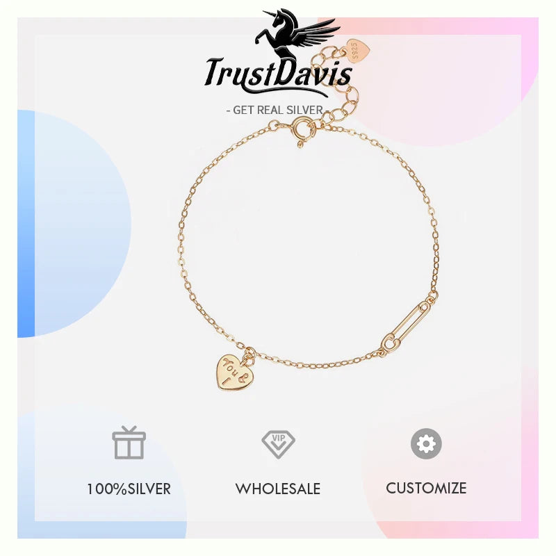 TrustDavis Girls 925 Sterling Silver Fashion Simple Heart Letter Paperclip Bracelet for Women Girl Gift Fine Jewelry DS4687