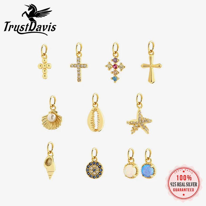 TrustDavis Real 925 Sterling Silver Fashion Shell Cross Charm Pendant Handmade DIY Accessories Fine Jewelry Wholesale DZ1812