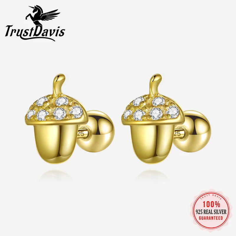 Trustdavis Girls Real 925 Sterling Silver Cute Acorn Stud Earrings Mum Daughter Birthday Party Gift Jewelry DS4305