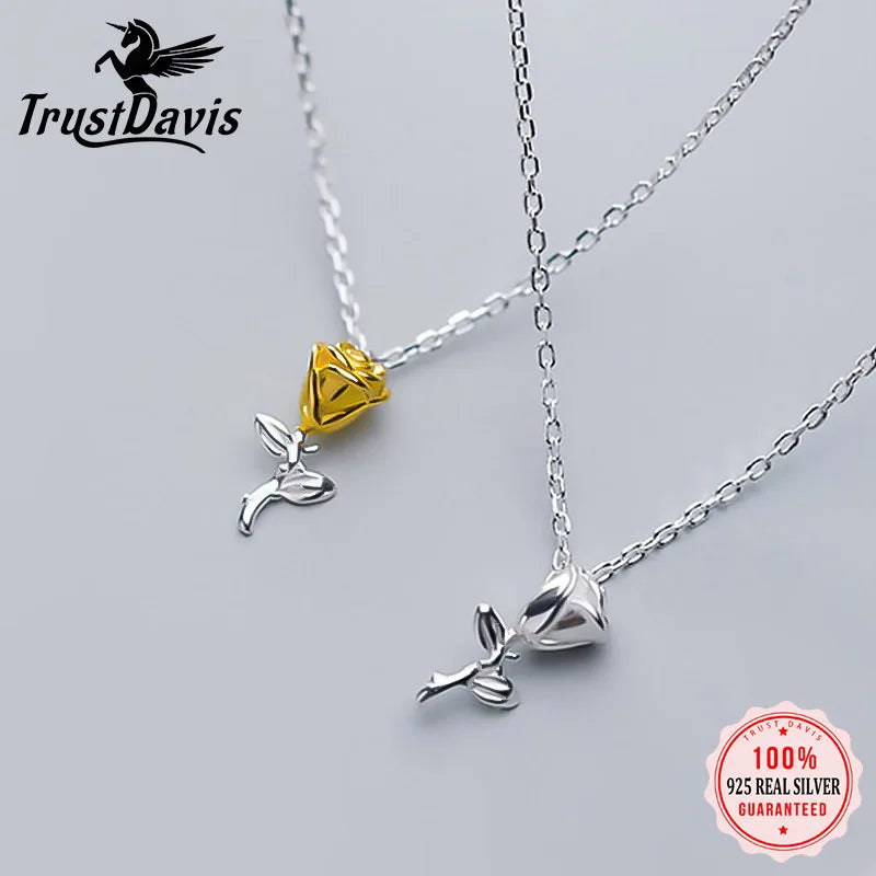 TrustDavis Real 925 Sterling Silver Sweet Elegant Rose Flower Clavicle Necklace For Women Wedding Valentine's Day Jewelry DB292