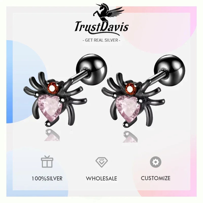 TrustDavis Real S925 Sterling Silver  Women Fashion Spider CZ Stud Earrings For Daughter Girls Fine Jewelry Gift DA4173