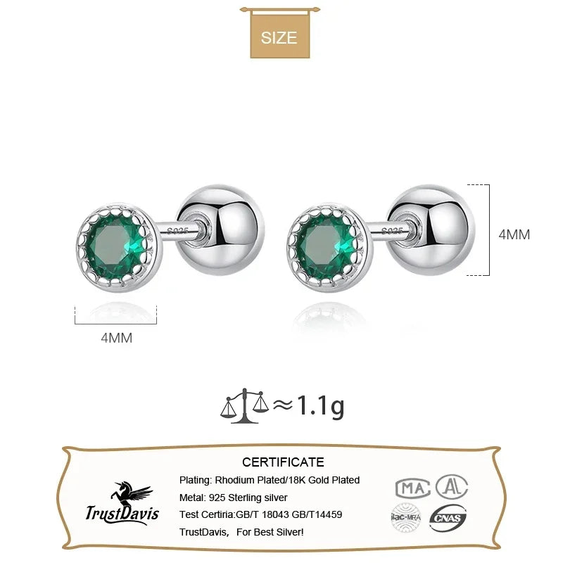 TrustDavis Real 925 Sterling Silver Round Colour CZ Screw Stud Earrings For Women Children Baby Girls Minimalist Jewelry DB1426