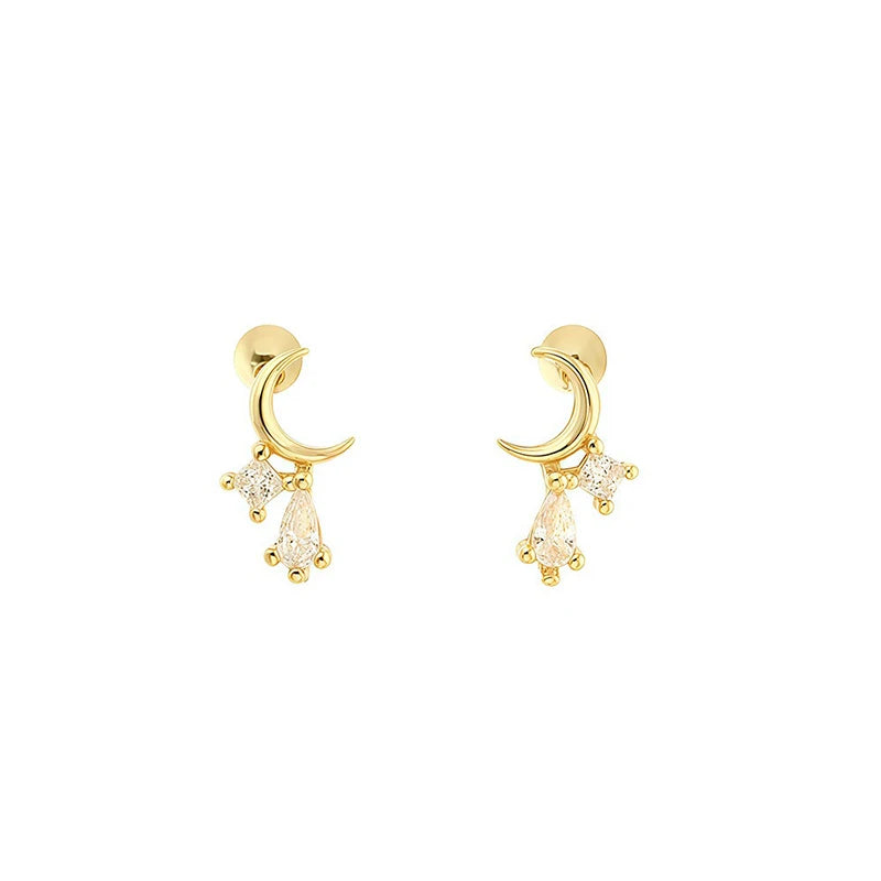 Moon Stud Earrings Minimalist Teardrop Zircon Screw Earrings DS5004