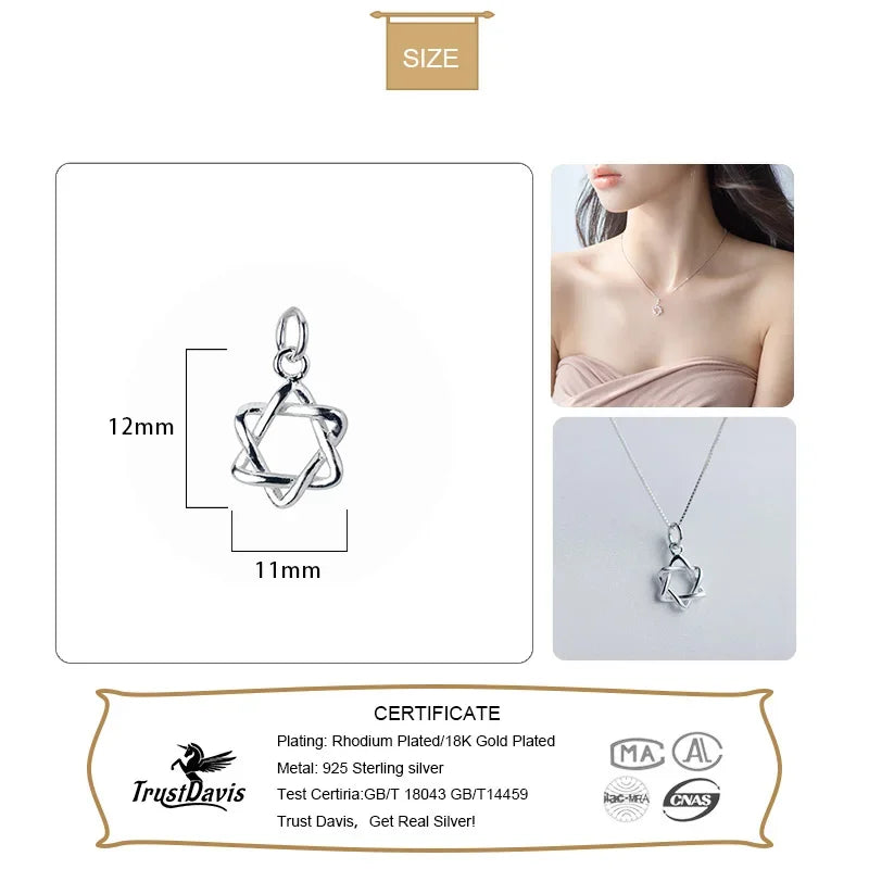 TrustDavis Real 925 Sterling Silver Fashion Hexagram Star Pendant Handmade DIY Necklace Accessories Jewelry Wholesale HY739