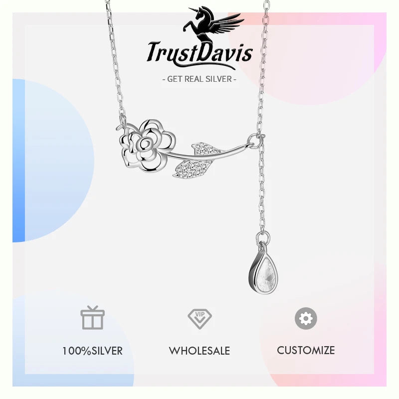 TrustDavis 925 Sterling Silver Women's  Fashion Simple Rose Zircon Tassel Necklace for Women Girls Jewelry Gift DS4275