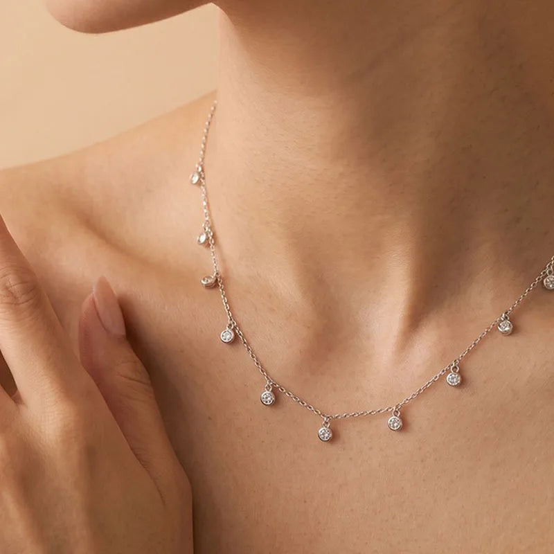 Real 925 Sterling Silver Zircon Tassel Clavicle Necklace DS4954