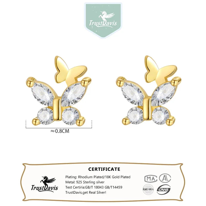 TrustDavis Girls 925 Sterling Silver Trendy Sweet Butterfly Stud Earrings For Women Girls Wedding Party Fine S925 Jewelry DS4259