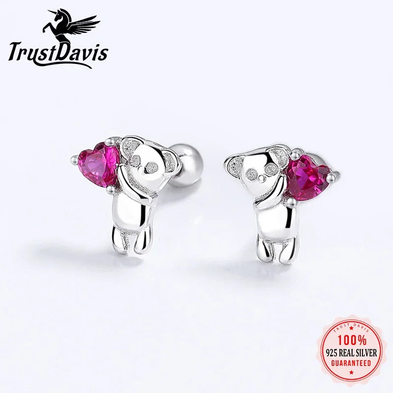 TrustDavis Real 925 Sterling Silver Earring Love Animal Bear Heart CZ Screw Stud Earrings for Daughter Girls Jewelry Gift DA3172