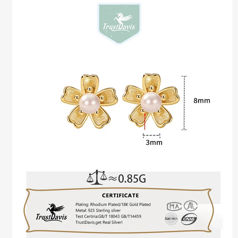 TrustDavis Real 925 Sterling Silver Fashion Simple Sakura Synthetic Pearl Earrings for Women Girls Gift Fine Jewelry DS4679