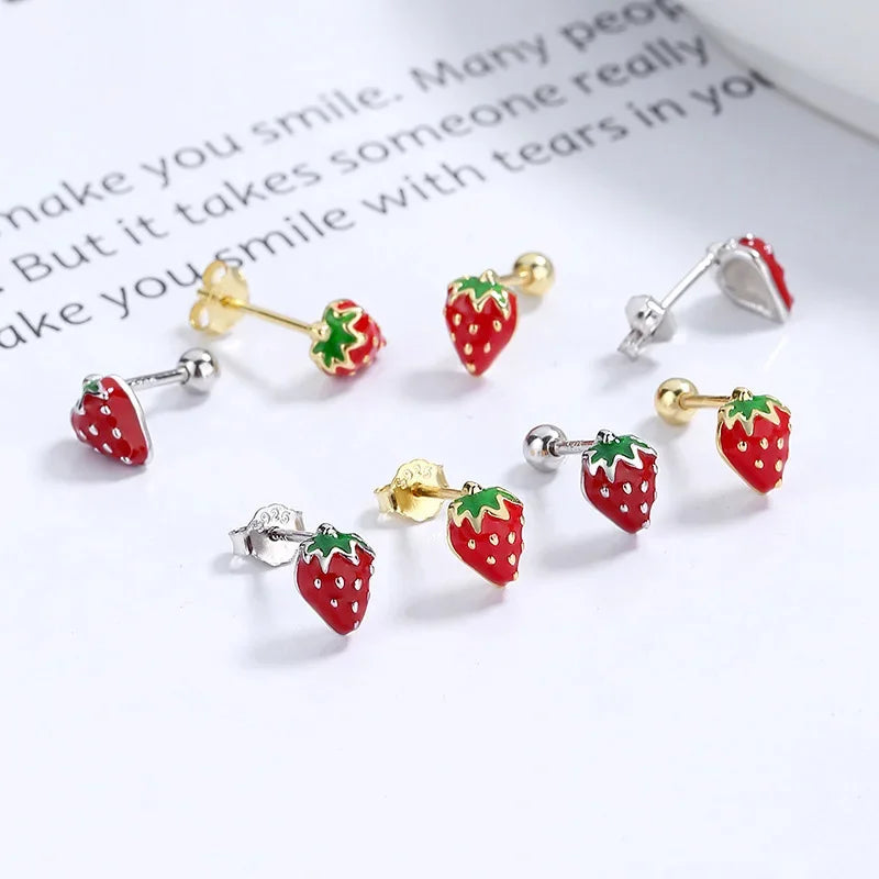 TrustDavis Real 925 Sterling Silver Lovely Strawberry Stud Earrings Birthday Gift For Girls School Party Silver Jewelry DS3450