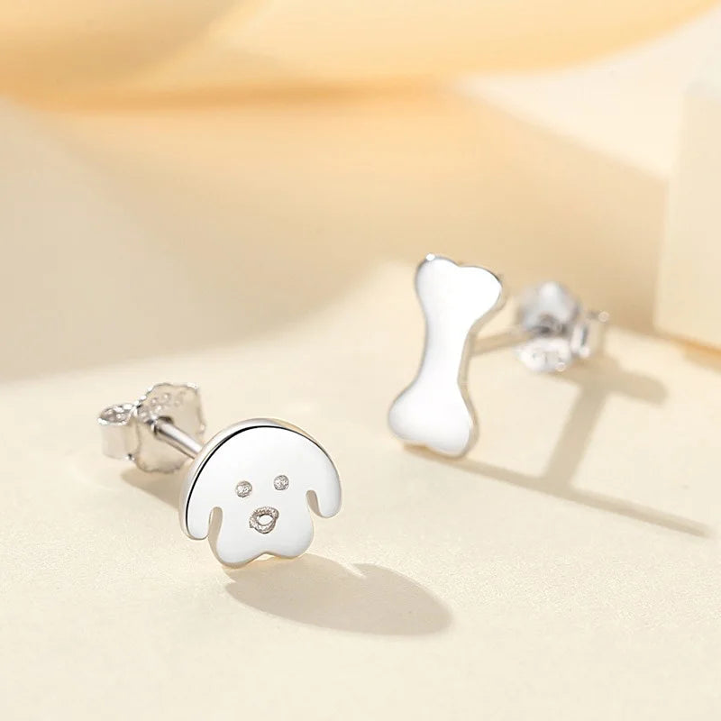 TrustDavis 925 Sterling Silver Women's Fashion Asymmetrical Funny Dog Love Bone Earrings for Women Girls Jewelry Gift DS4365