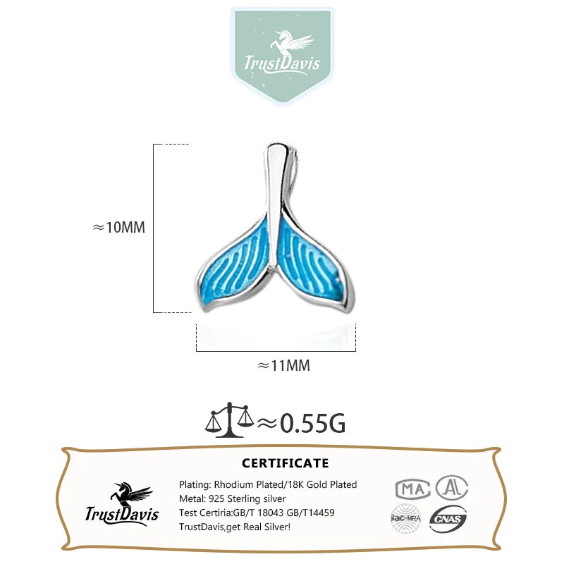 TrustDavis Real 925 Sterling Silver Cute Blue Fish Tail Pendant Handmade DIY Necklace Bracelet Accessories Fine Jewelry DZ1734