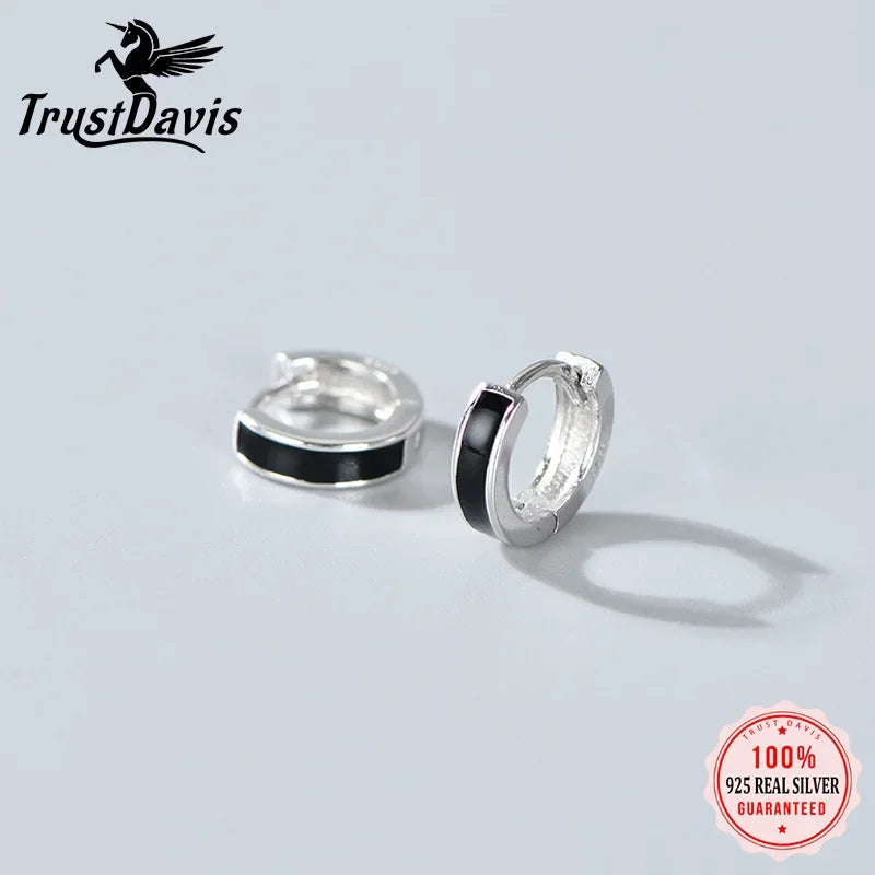 TrustDavis 925 Sterling Silver Hoop Earrings Black White Hoops Birthday Gift for Women Huggie Silver 925 Jewelry Brincos DA1800