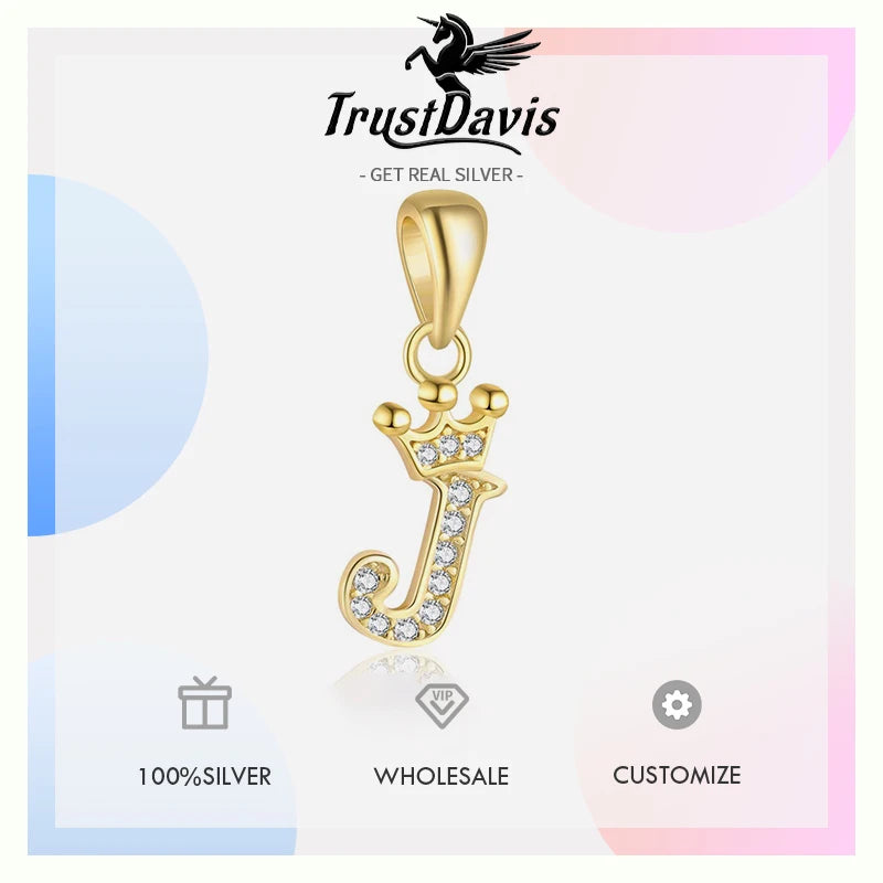 TrustDavis 925 Sterling Silver Women's Fashion Crown 26 Letter Pendant Zircon Necklace for Women Girls Jewelry Gift DS4445